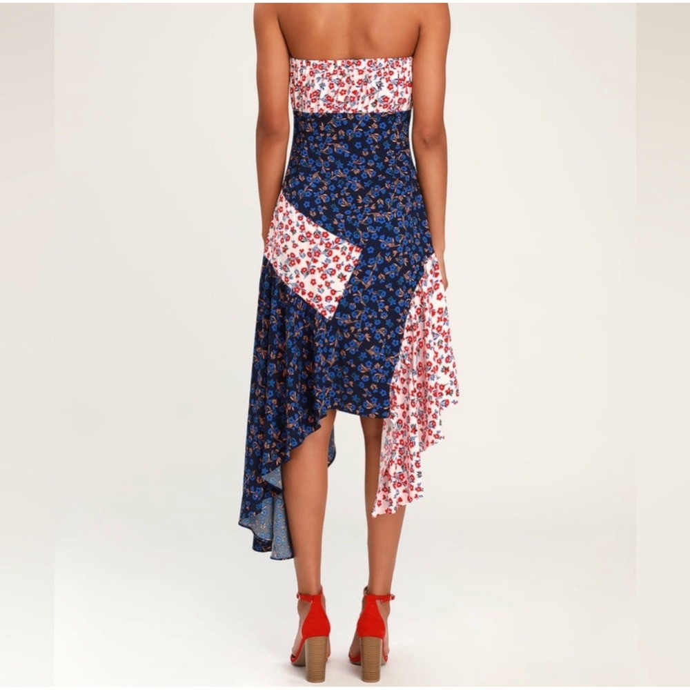 NEW Golden Hour Blush Navy Floral Print Strapless Midi Dress Asymmetrical Spring - Picture 3 of 7